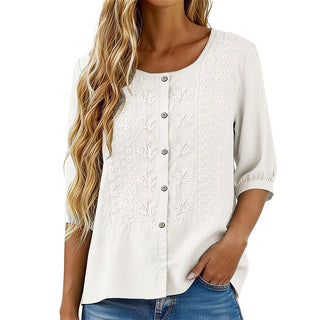 Lorrie Embroidered Cotton and Linen Blouse