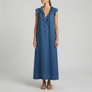 Amina Ruffle V-Neck Linen Maxi Dress