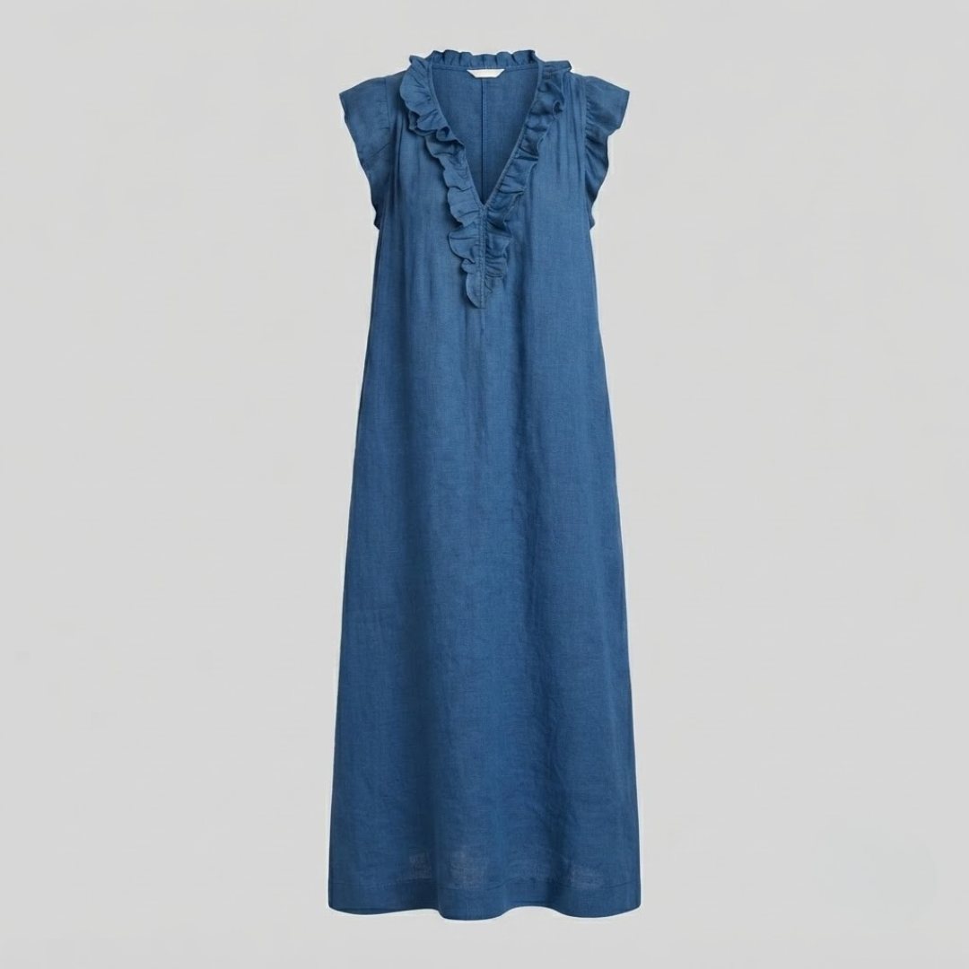 Amina Ruffle V-Neck Linen Maxi Dress