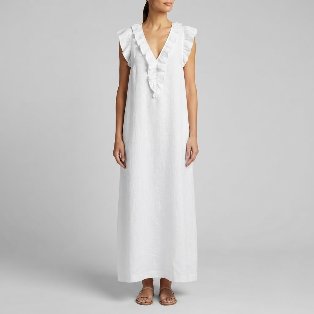 Amina Ruffle V-Neck Linen Maxi Dress