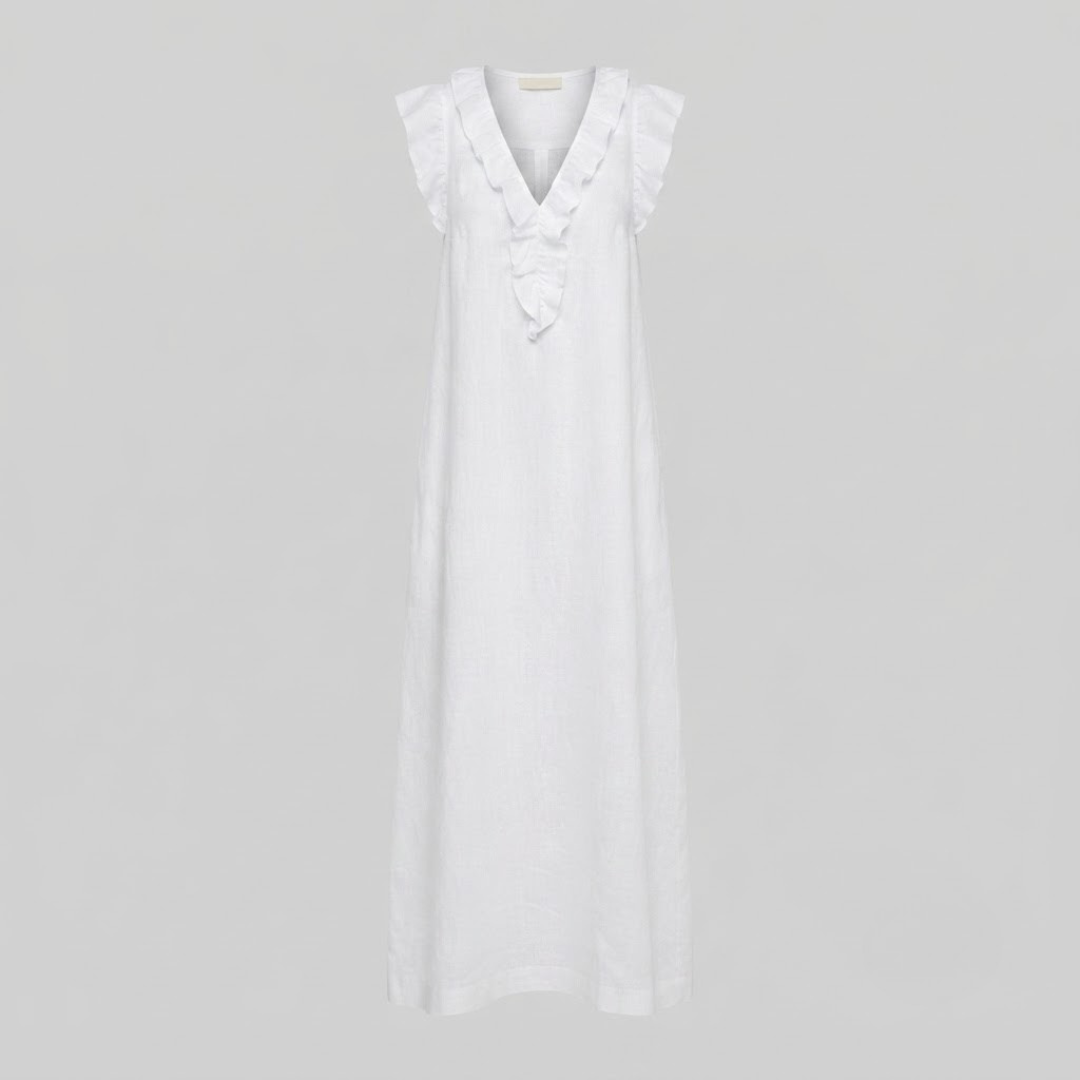 Amina Ruffle V-Neck Linen Maxi Dress