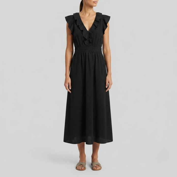 Amina Ruffle V-Neck Linen Maxi Dress