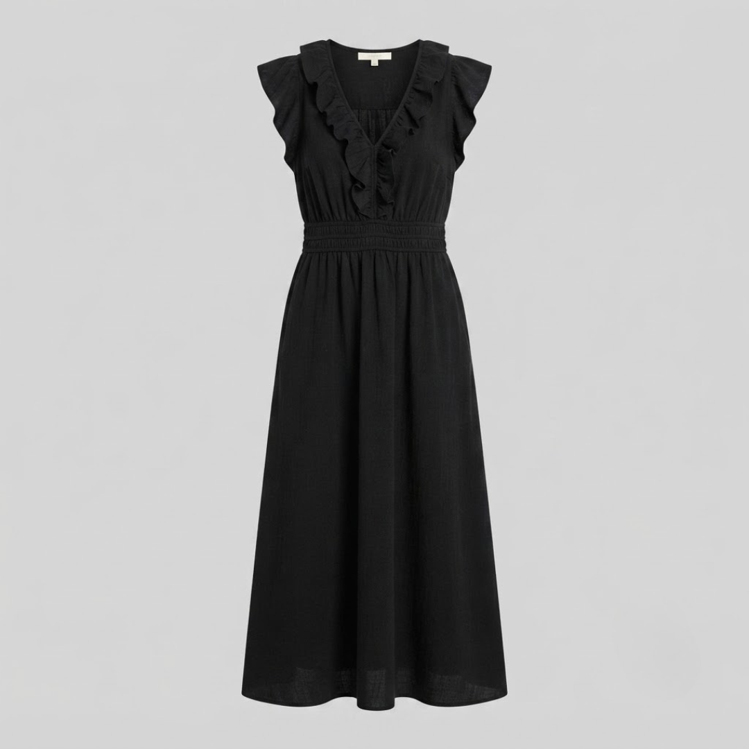 Amina Ruffle V-Neck Linen Maxi Dress