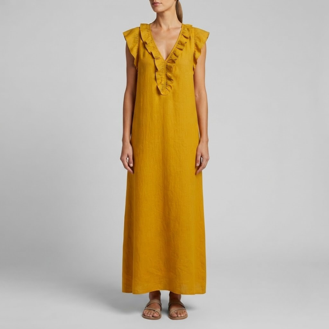 Amina Ruffle V-Neck Linen Maxi Dress