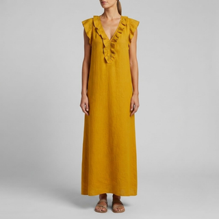 Amina Ruffle V-Neck Linen Maxi Dress