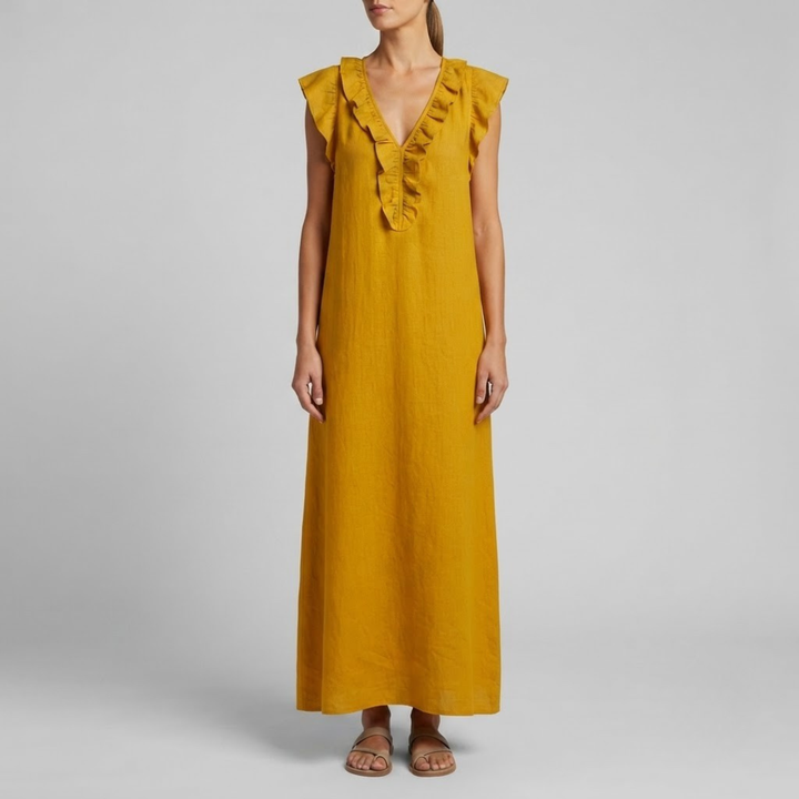Amina Ruffle V-Neck Linen Maxi Dress