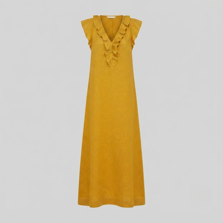Amina Ruffle V-Neck Linen Maxi Dress
