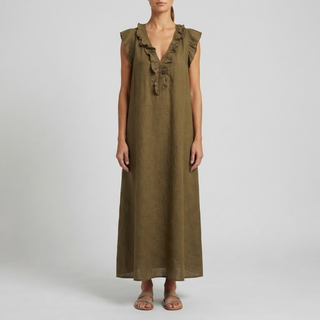 Amina Ruffle V-Neck Linen Maxi Dress