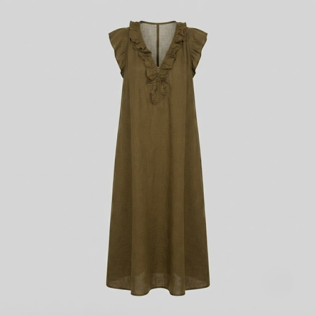 Amina Ruffle V-Neck Linen Maxi Dress