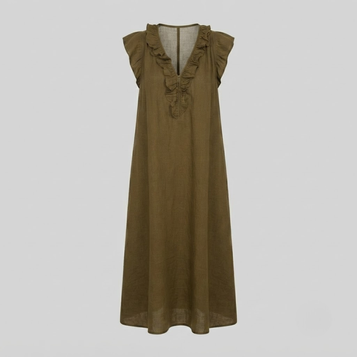 Amina Ruffle V-Neck Linen Maxi Dress