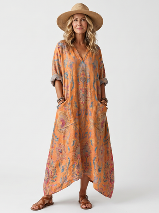 Remi Notch Neck Printed Oversized Pocket Midi Dress