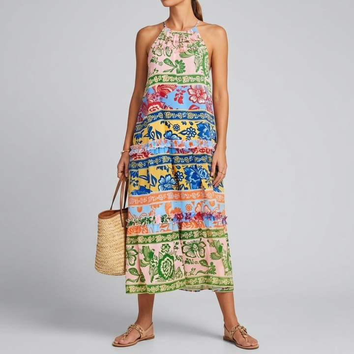 Loren Chic Boho Halter Tiered Maxi Dress