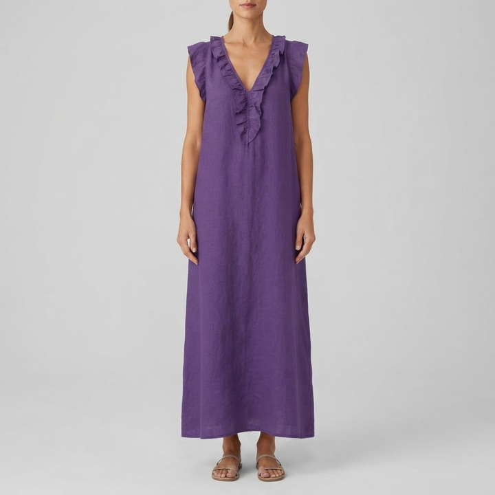 Amina Ruffle V-Neck Linen Maxi Dress