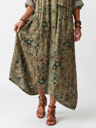 Aleta Button Front Embroidered Oversized Pocket Midi Dress