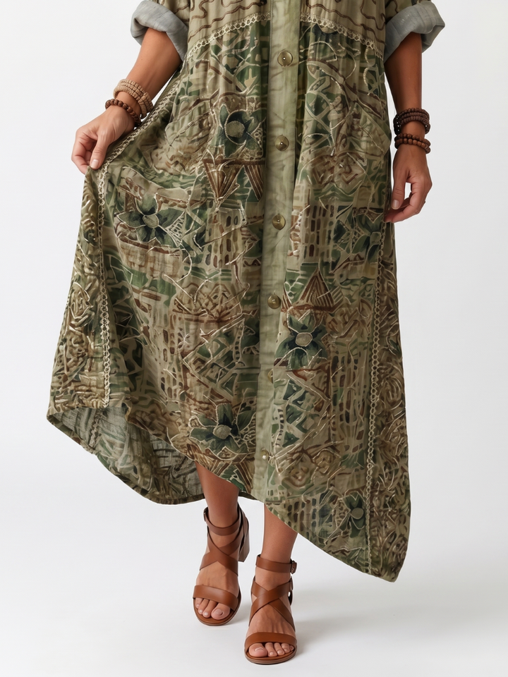 Aleta Button Front Embroidered Oversized Pocket Midi Dress