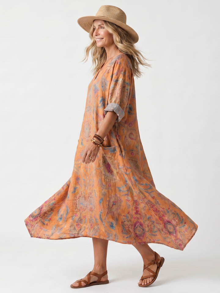 Remi Notch Neck Printed Oversized Pocket Midi Dress