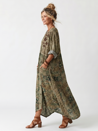 Aleta Button Front Embroidered Oversized Pocket Midi Dress