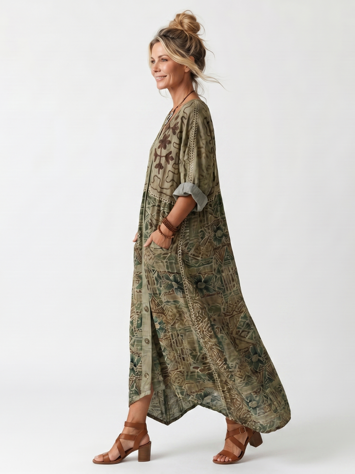 Aleta Button Front Embroidered Oversized Pocket Midi Dress