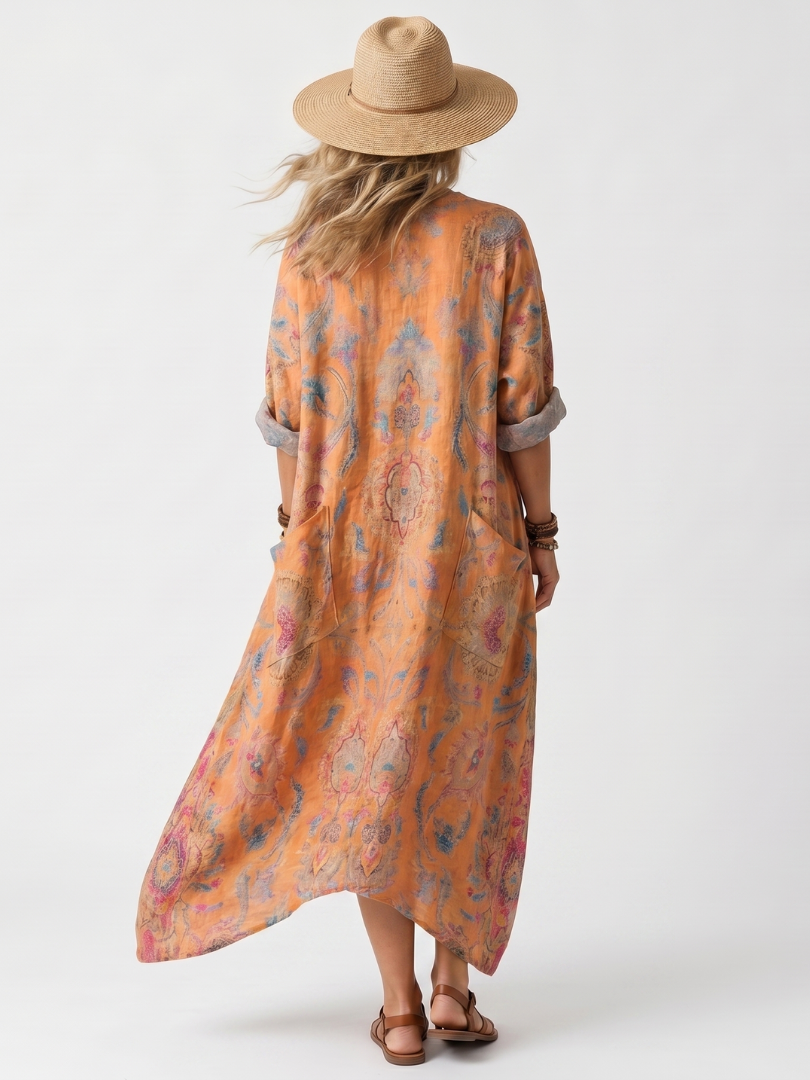 Remi Notch Neck Printed Oversized Pocket Midi Dress