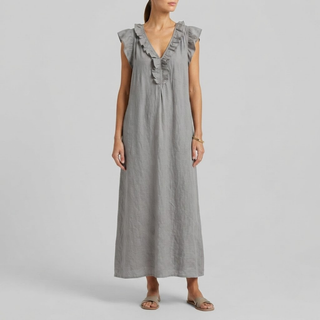 Amina Ruffle V-Neck Linen Maxi Dress