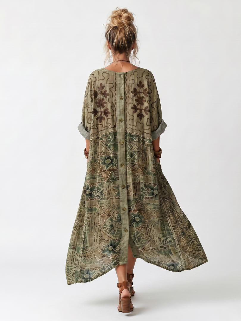 Aleta Button Front Embroidered Oversized Pocket Midi Dress