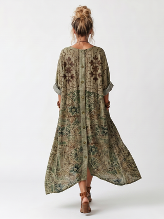 Aleta Button Front Embroidered Oversized Pocket Midi Dress