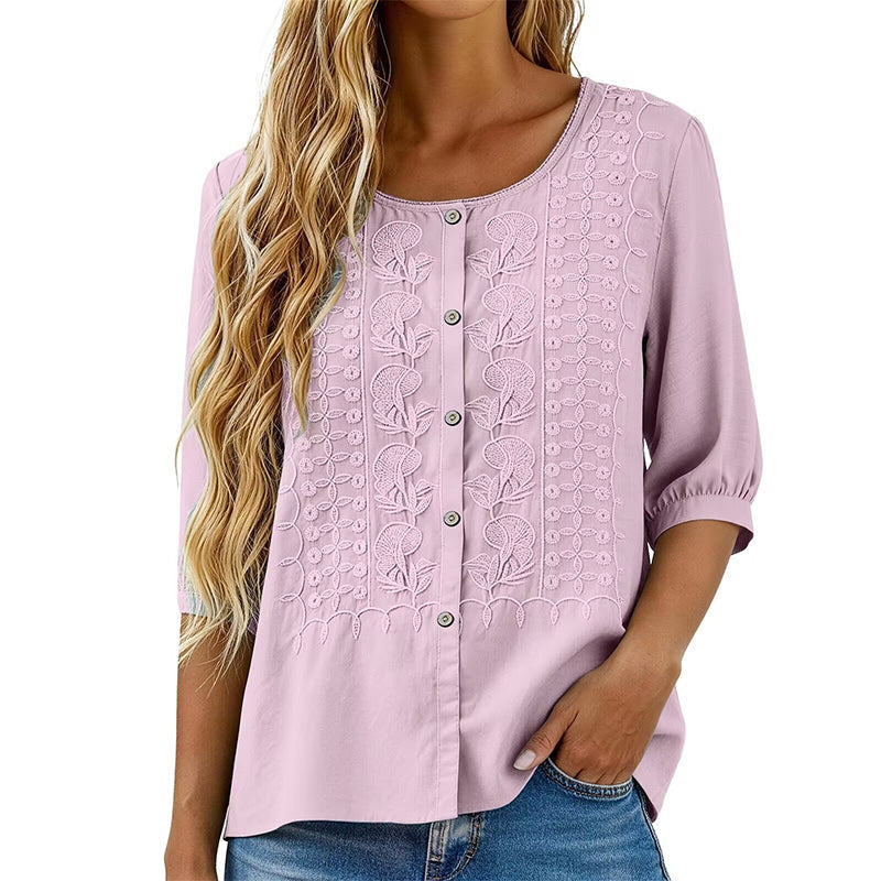 Lorrie Embroidered Cotton and Linen Blouse