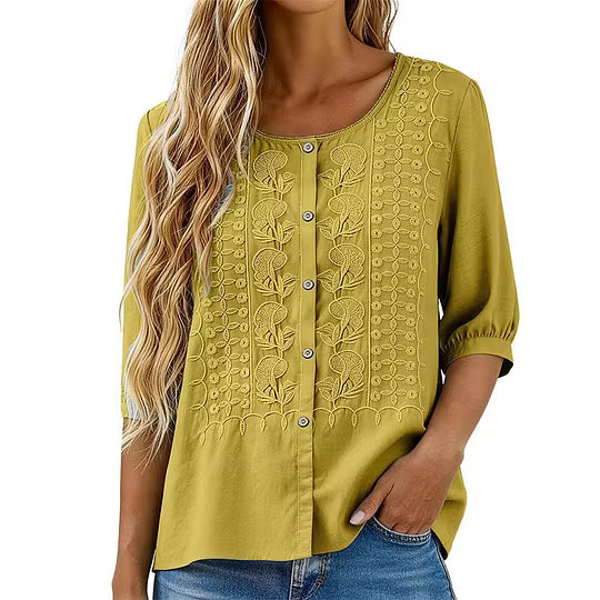 Lorrie Embroidered Cotton and Linen Blouse