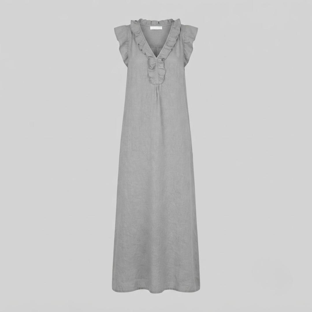 Amina Ruffle V-Neck Linen Maxi Dress
