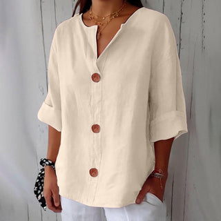 Maira Cotton Linen V Neck Shirt with Wooden Buttons