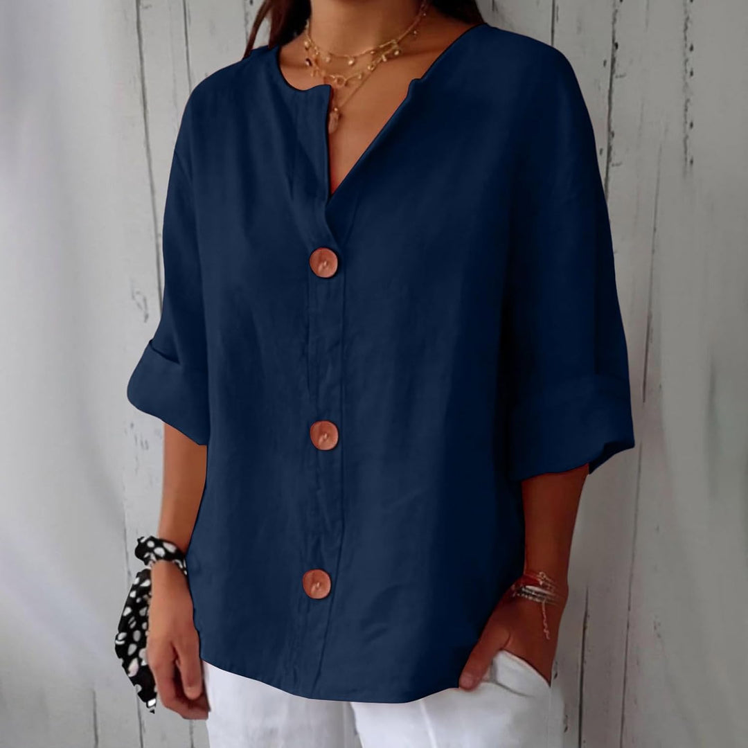 Maira Cotton Linen V Neck Shirt with Wooden Buttons