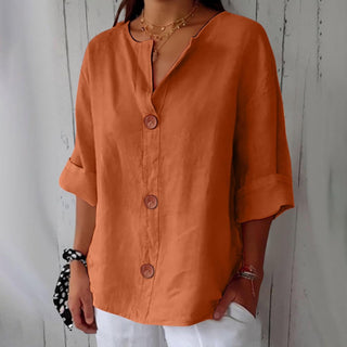 Maira Cotton Linen V Neck Shirt with Wooden Buttons