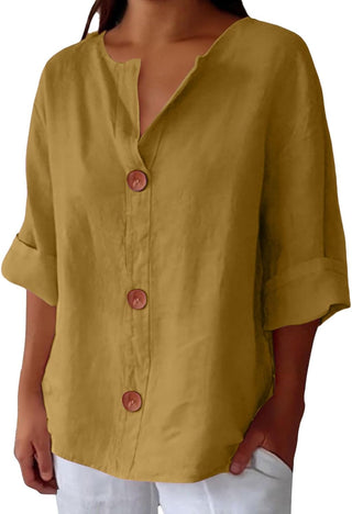 Maira Cotton Linen V Neck Shirt with Wooden Buttons