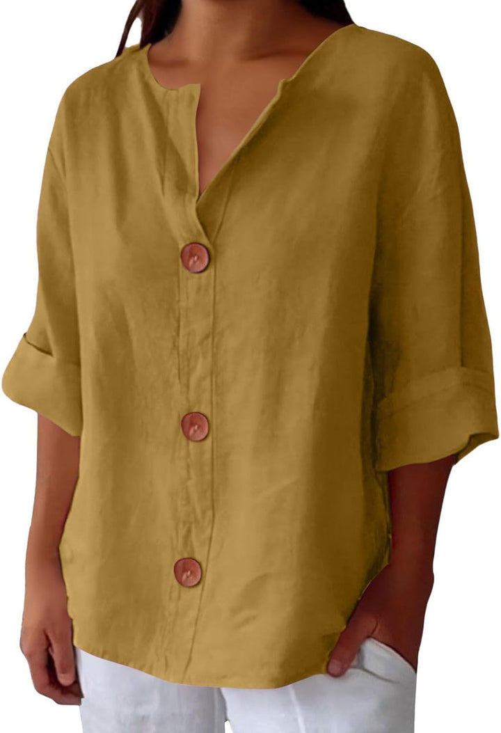 Maira Cotton Linen V Neck Shirt with Wooden Buttons