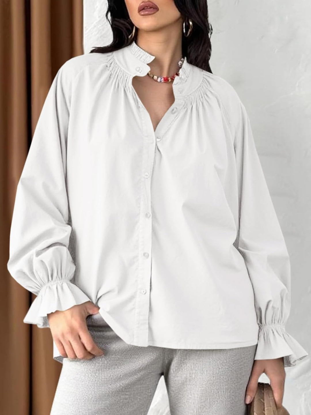 Livia Cotton Puff Sleeve Button Down Blouse
