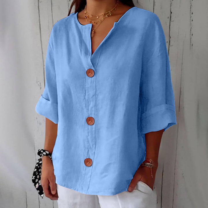 Maira Cotton Linen V Neck Shirt with Wooden Buttons