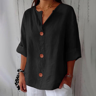 Maira Cotton Linen V Neck Shirt with Wooden Buttons