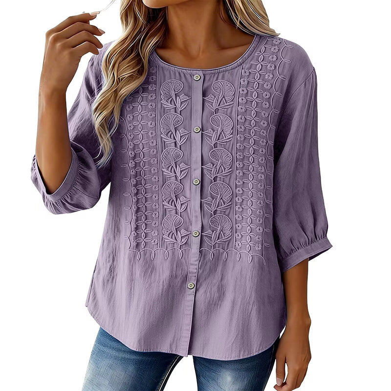 Lorrie Embroidered Cotton and Linen Blouse