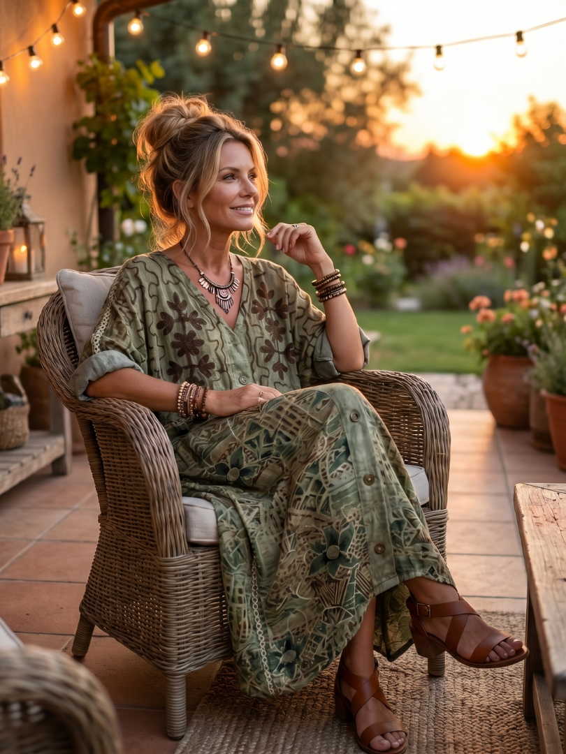 Aleta Button Front Embroidered Oversized Pocket Midi Dress