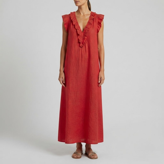 Amina Ruffle V-Neck Linen Maxi Dress