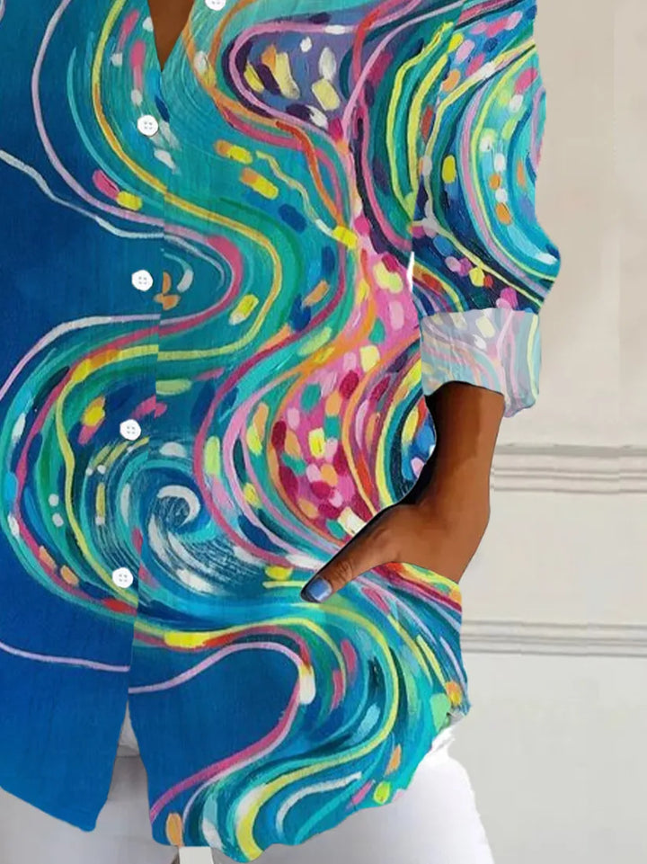 Aya Abstract Watercolor Blouse with Button Front