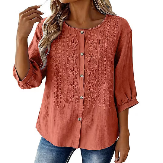 Lorrie Embroidered Cotton and Linen Blouse