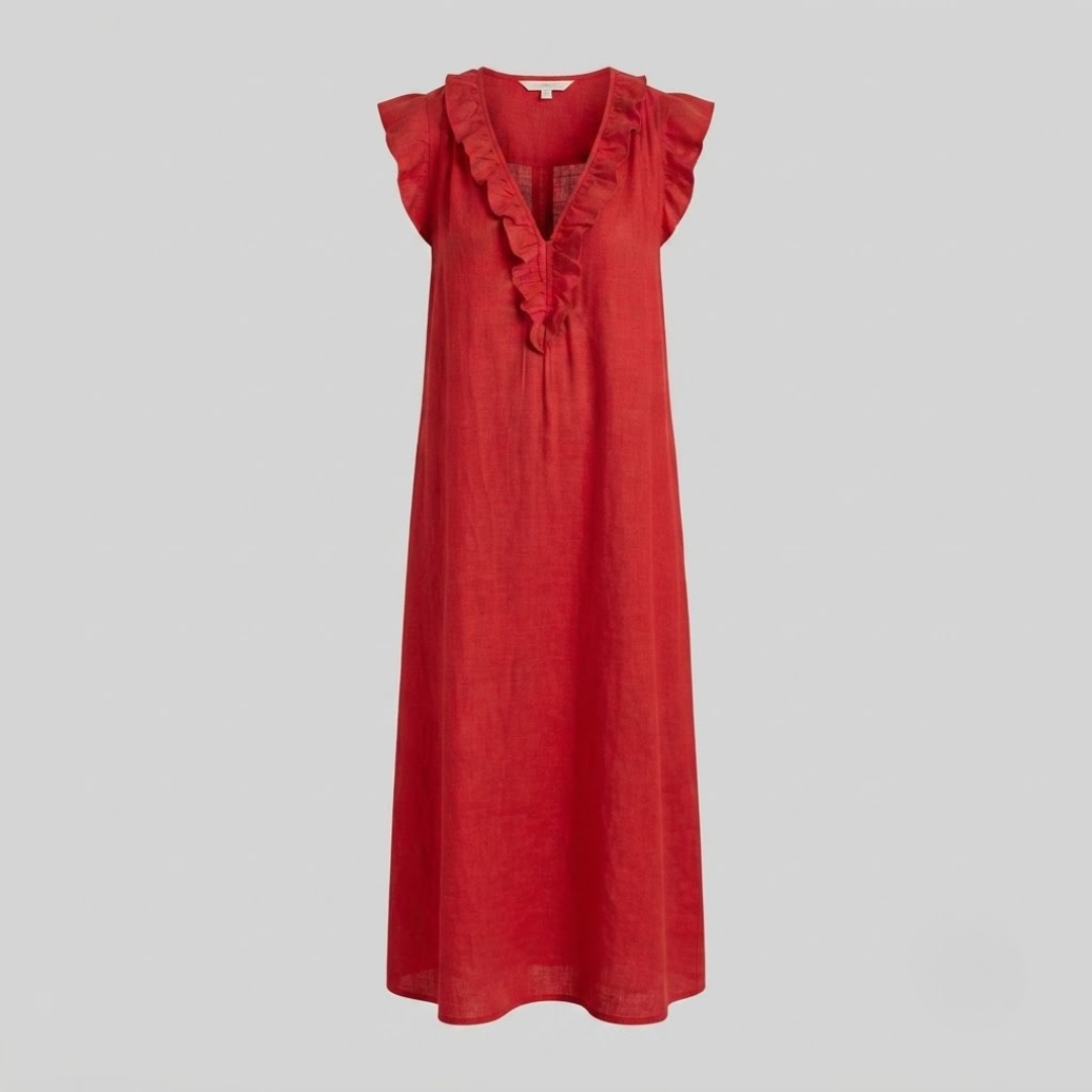 Amina Ruffle V-Neck Linen Maxi Dress