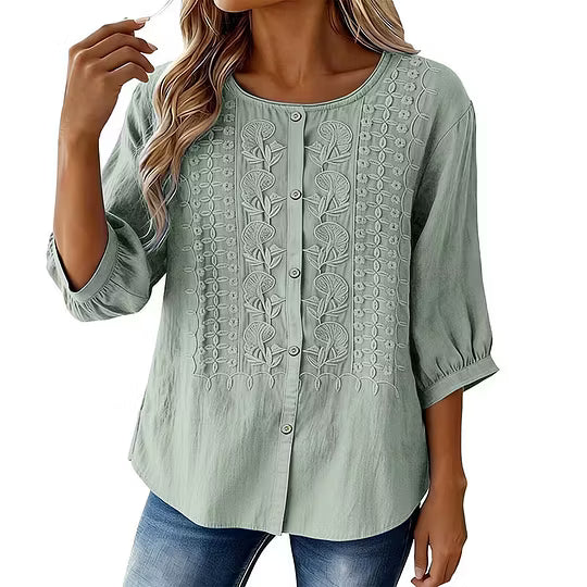 Lorrie Embroidered Cotton and Linen Blouse