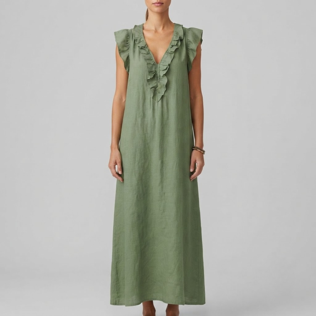 Amina Ruffle V-Neck Linen Maxi Dress