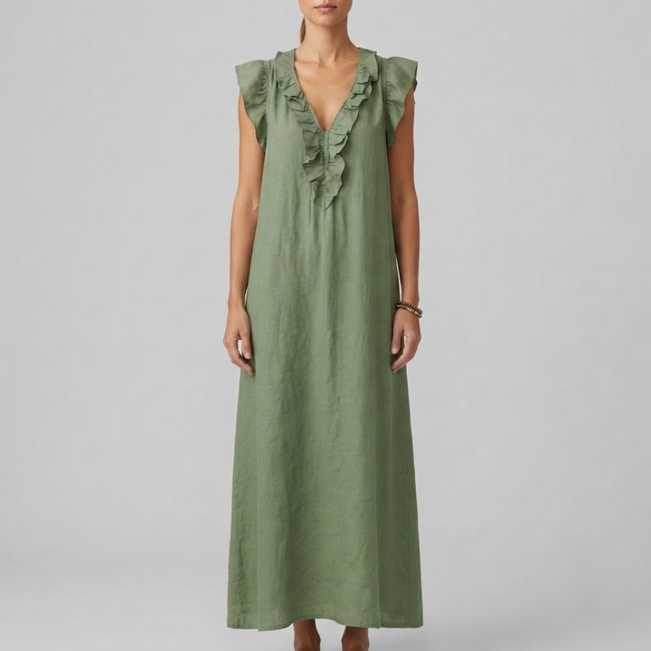 Amina Ruffle V-Neck Linen Maxi Dress