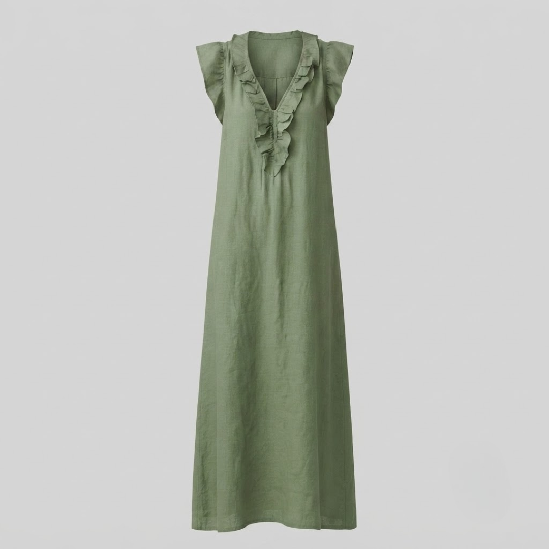 Amina Ruffle V-Neck Linen Maxi Dress