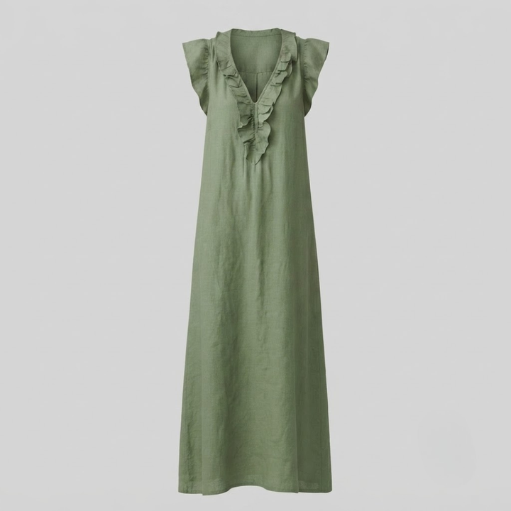 Amina Ruffle V-Neck Linen Maxi Dress