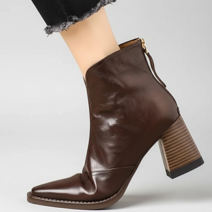 Mid Heel Leather Ankle Boots