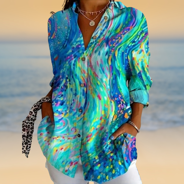 Aya Abstract Watercolor Blouse with Button Front